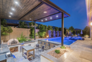 C & Builders Outdoor kitchen with a pizza oven, spa and swim up bar